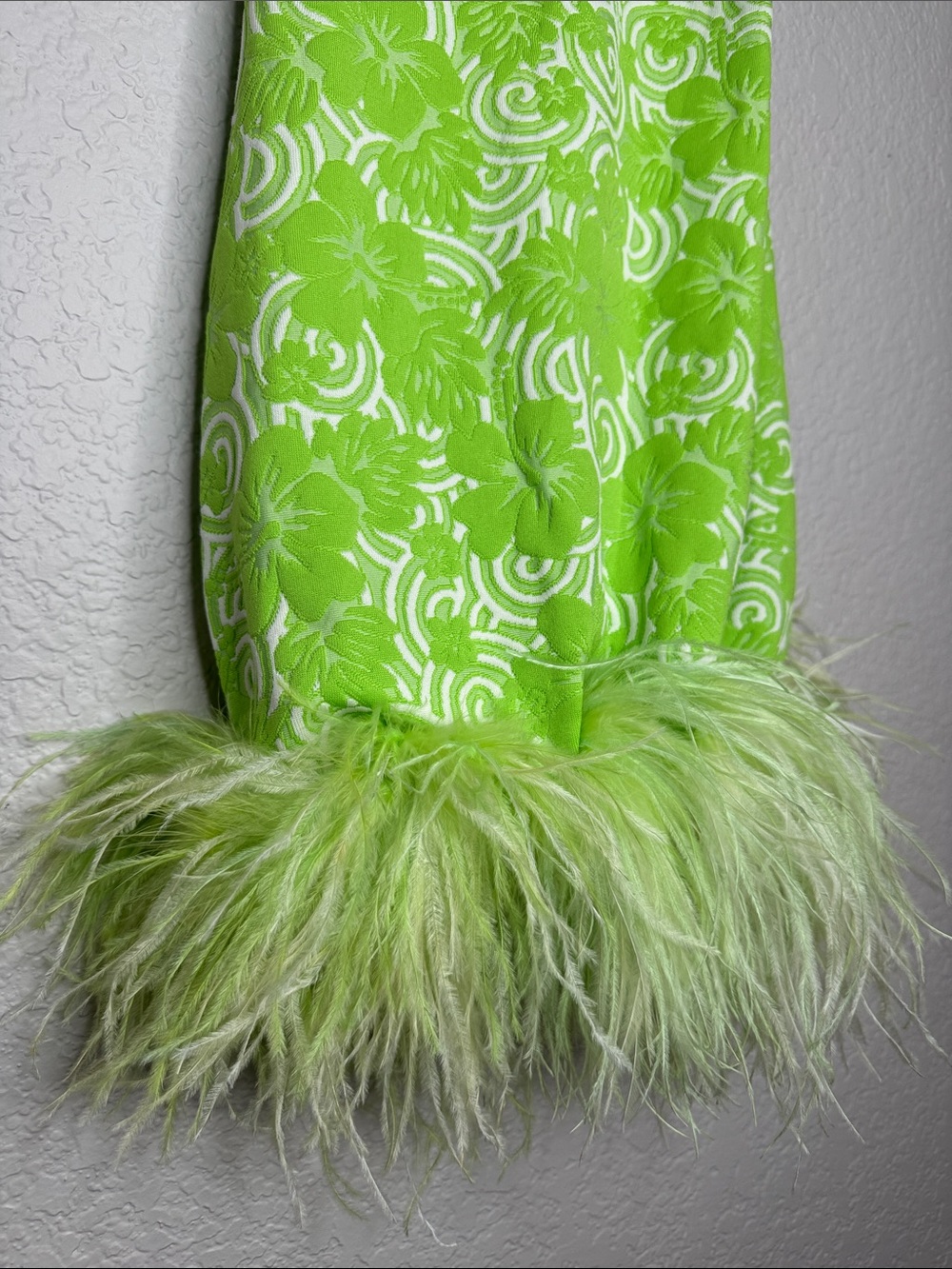 Leslie Amon Laurie Feather Dress Green Hibiscus Small Jacquard Knit - Picture 4 of 8